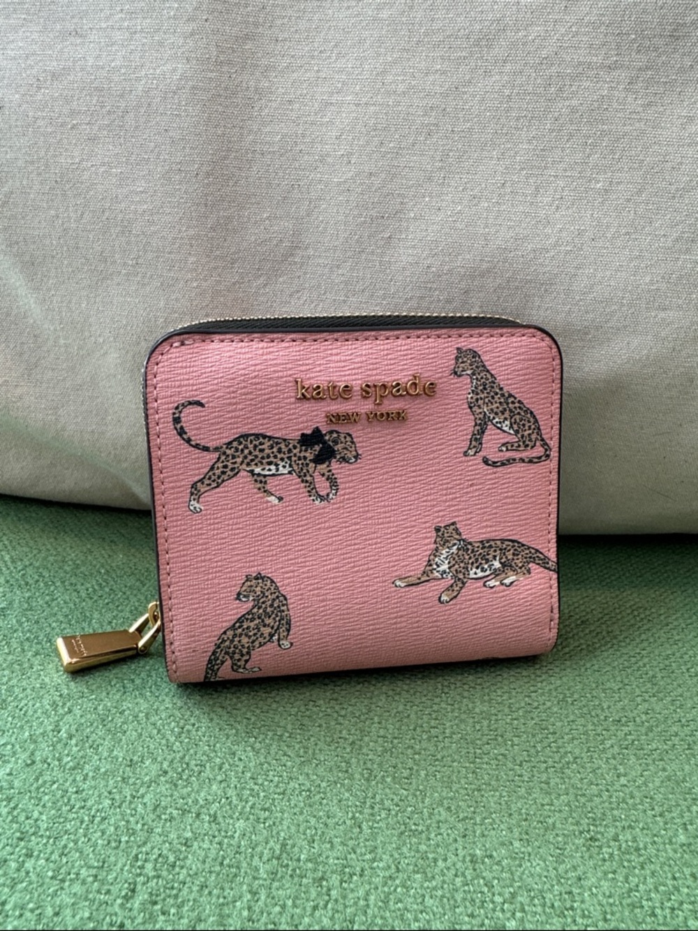 kate spade Pink Leopard Print Zip Wallet with Gold Tone Hardware